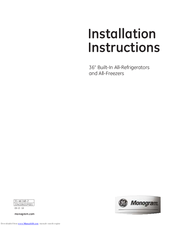 Monogram Built-in refrigerators Installation Instructions Manual