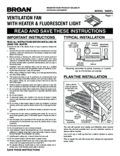 Broan Ventilation Fan with Light and Heater 100HFL Instructions Manual