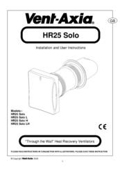 Vent-Axia HR25 Solo Installation And User Instruction Manual