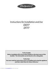 Hotpoint DD77 DT77 Instructions For Installation And Use Manual