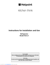 Hotpoint RSA 21 Instructions For Installation And Use Manual