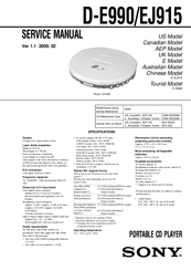 Sony D-EJ915 - Portable Cd Player Service Manual