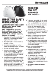 Honeywell HUT-300 Series Important Safety Instructions Manual