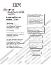 IBM BladeCenter HS20 Type 8843 Installation And User Manual