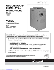 Raypak VERSA 155C Operating And Installation Instructions