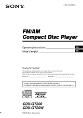 Sony CDX-GT20W - Fm/am Compact Disc Player Operating Instructions Manual