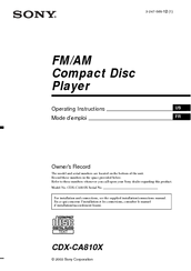 Sony CDX-CA810X - Fm/am Compact Disc Player Operating Instructions Manual