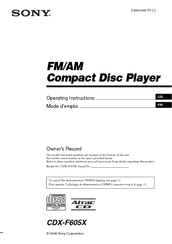Sony CDX-F605X - Fm/am Compact Disc Player Operating Instructions Manual
