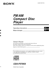 Sony CDX-F5705X - Fm/am Compact Disc Player Operating Instructions Manual