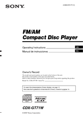 Sony CDX-GT71W - Fm/am Compact Disc Player Operating Instructions Manual