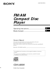 Sony CDX-L600X - Fm/am Compact Disc Player Operating Instructions Manual