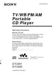 Sony CD Walkman D-FJ405 Operating Instructions Manual