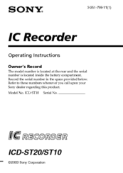 Sony ICD-ST10 - Icd Recorder Operating Instructions Manual