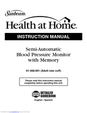 Sunbeam Health at Home Semi-Automatic Blood Pressure Monitor with Memory Instruction Manual