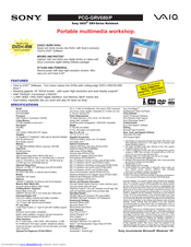 Sony PCG-GRV680 - VAIO - Pentium 4 2.6 GHz Specifications