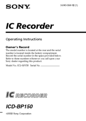 Sony ICD-BP150 - Ic Recorder Operating Instructions Manual