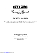 KURZWEIL ENSEMBLE GRANDE MARK IV Owner's Manual