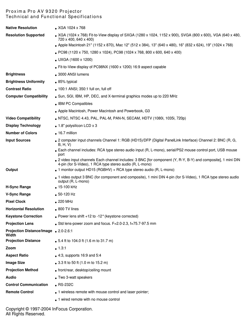 PROXIMA PRO AV 9320 SPECIFICATIONS Pdf Download ManualsLib