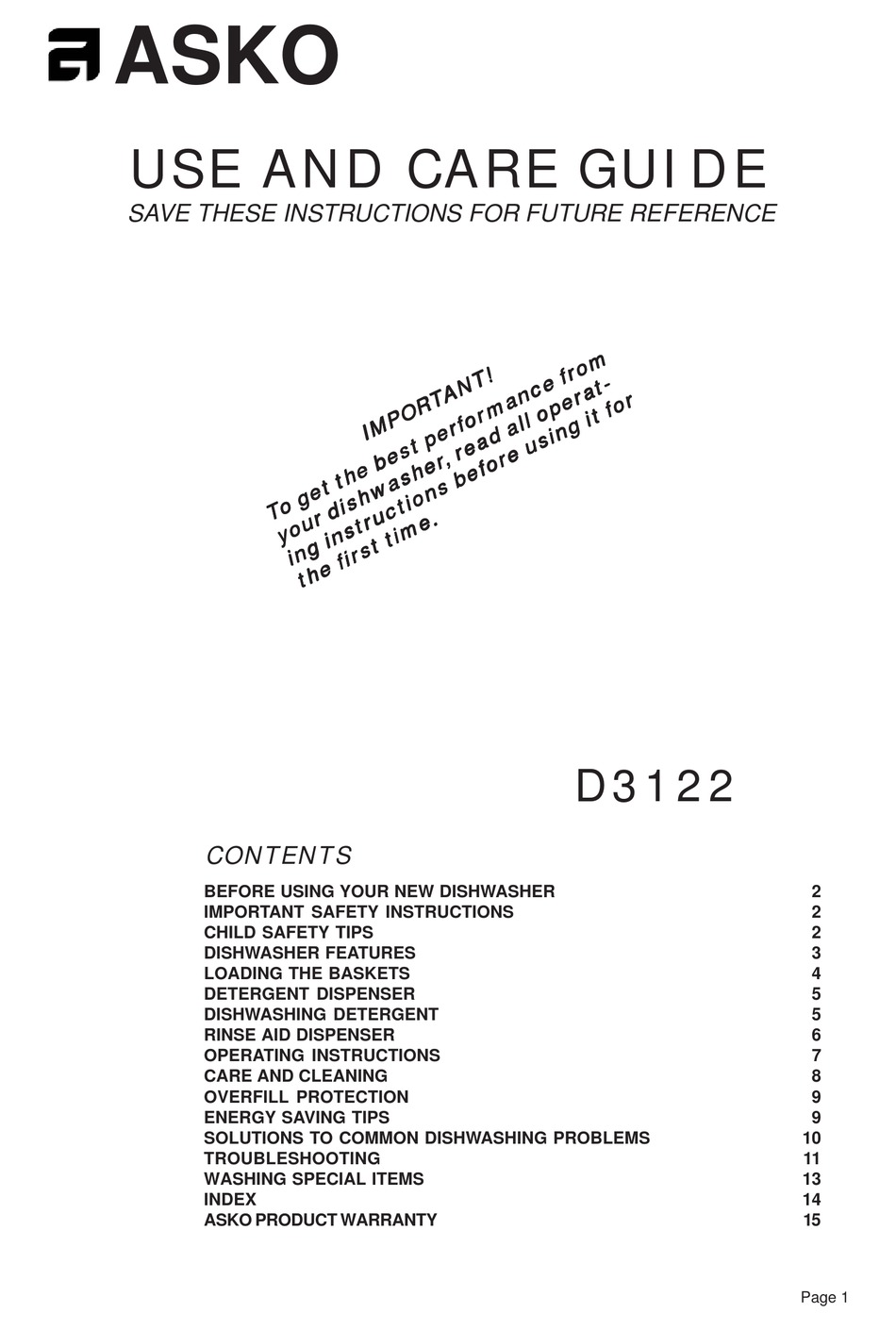 ASKO D3122 USE AND CARE MANUAL Pdf Download ManualsLib