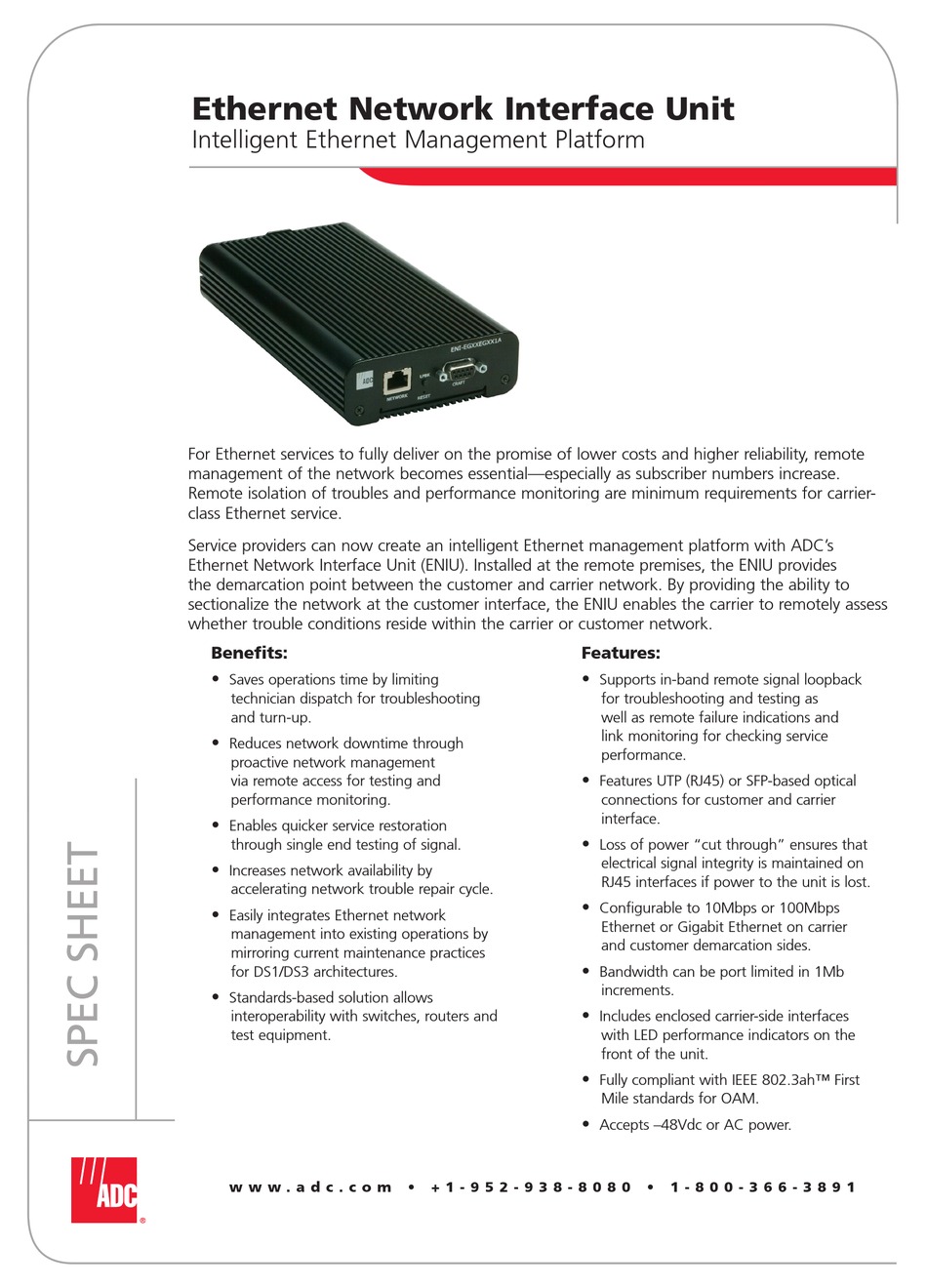 ADC NETWORK INTERFACE UNIT SPECIFICATION SHEET Pdf Download