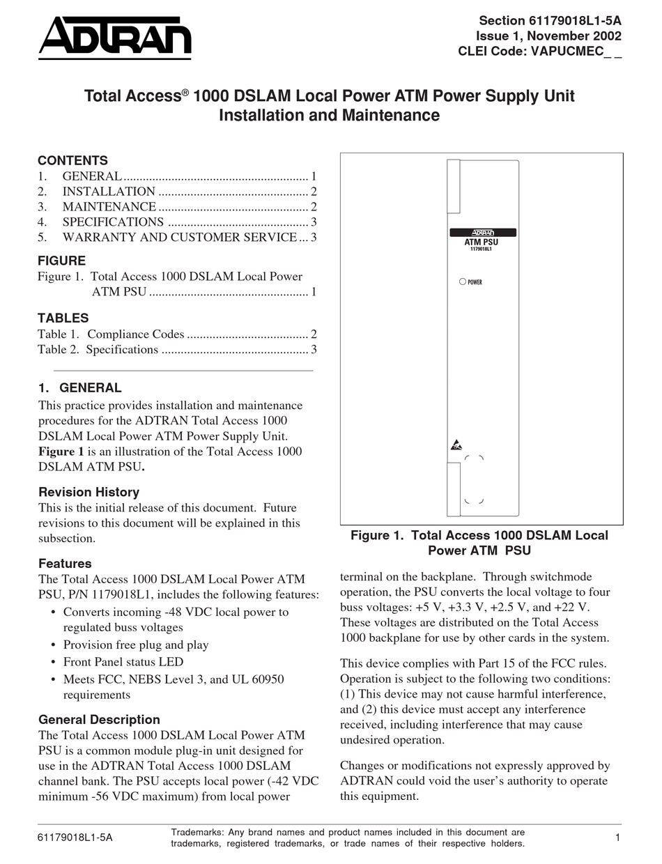 ADTRAN 1000 INSTALLATION AND MAINTENANCE Pdf Download | ManualsLib