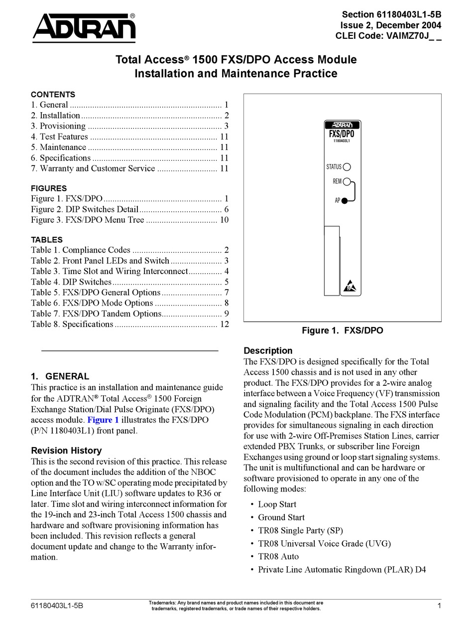 ADTRAN FXS/DPO/PLAR 1109403L2 INSTALLATION AND MAINTENANCE PRACTICE Pdf ...