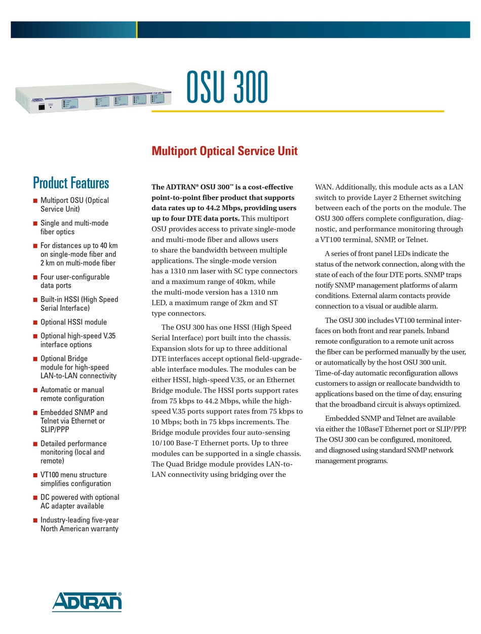 Adtran Multiport Optical Service Unit Osu 300 Specification Sheet Pdf Download Manualslib