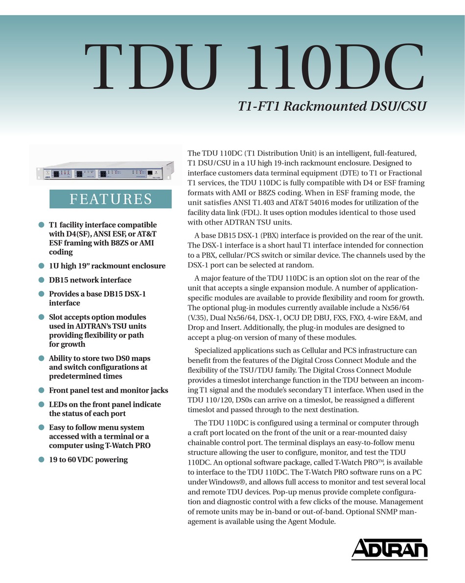 ADTRAN T1FT1 RACKMOUNTED DSU/CSU TDU 110DC SPECIFICATION SHEET Pdf
