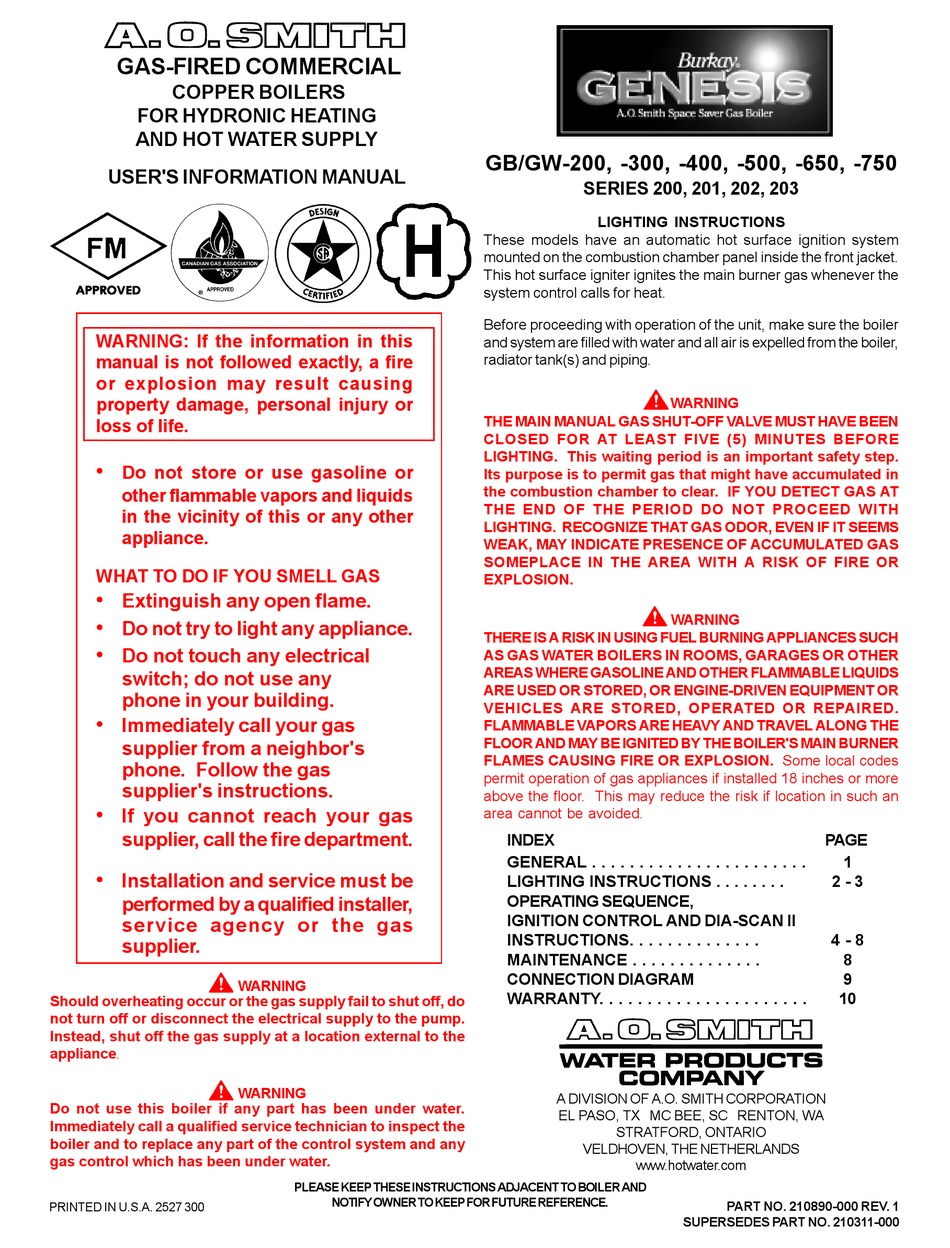 A.O. SMITH GB/GW-200 USER'S INFORMATION MANUAL Pdf Download | ManualsLib
