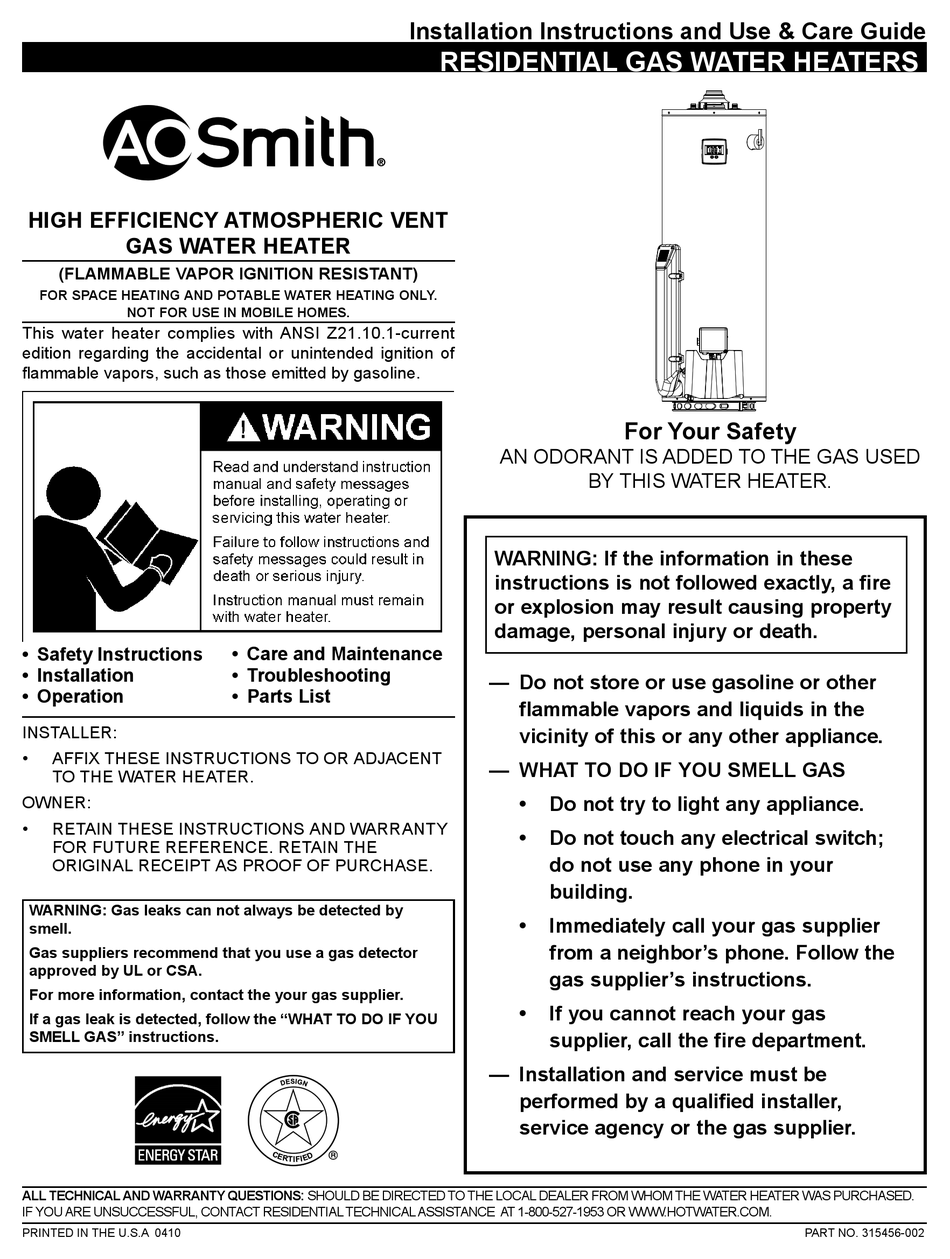 A.O. SMITH 315456002 INSTALLATION INSTRUCTIONS AND USE AND CARE MANUAL