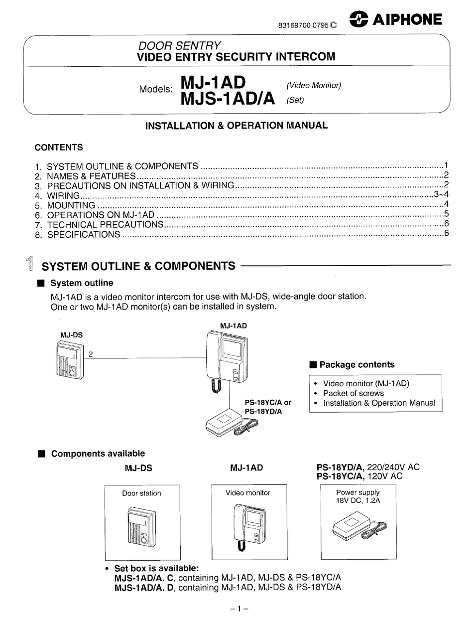 Mounting; Wiring Diagram; Mj-Ds; - Aiphone MJ-1AD Installation