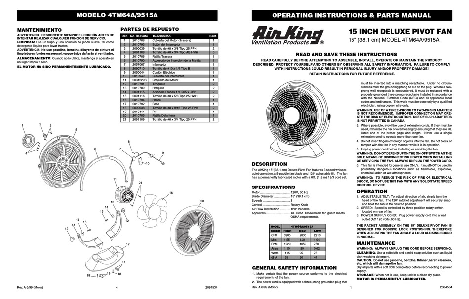 AIR KING 4TM64A/9515A OPERATING INSTRUCTIONS AND PARTS MANUAL Pdf