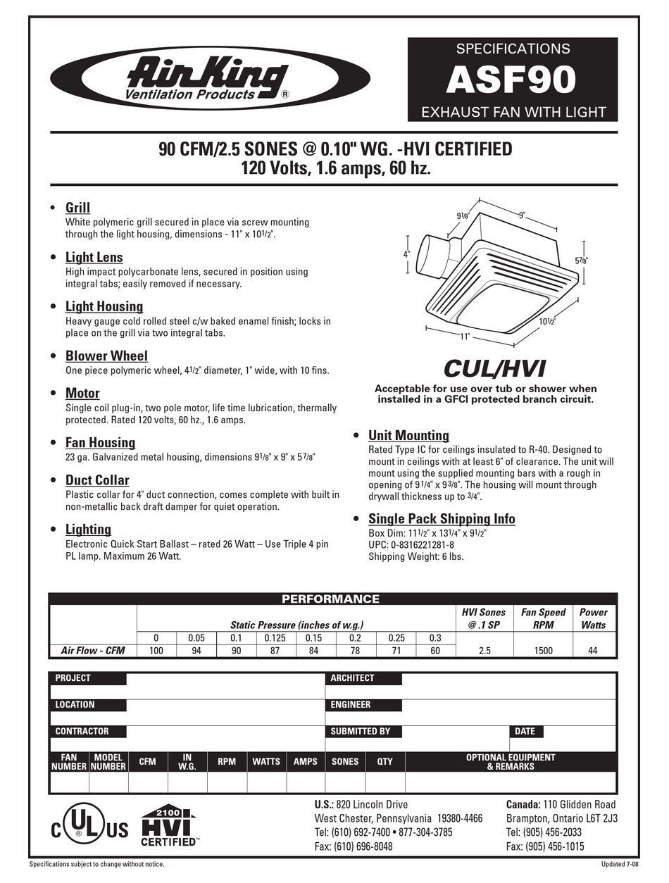 AIR KING EXHAUST FAN ASF90 SPECIFICATIONS Pdf Download ManualsLib