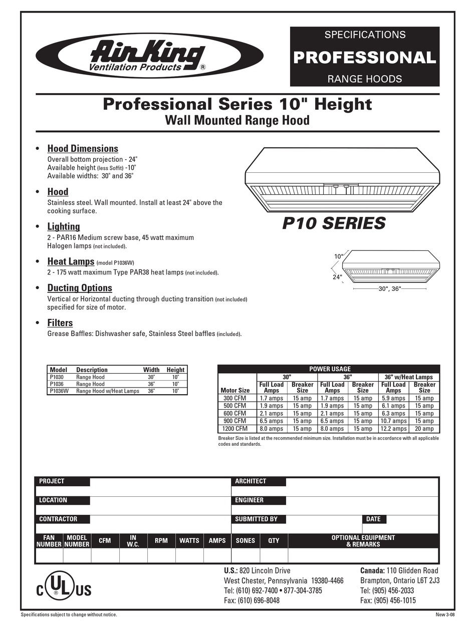 AIR KING RANGE HOODS PROFESSIONAL SPECIFICATIONS Pdf Download ManualsLib