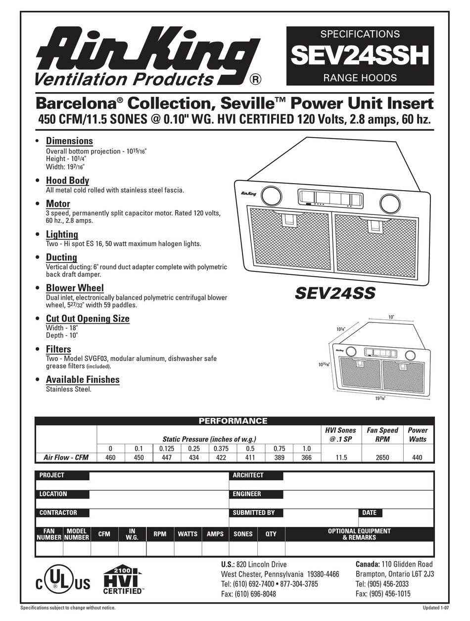 AIR KING RANGE HOODS SEV24SSH SPECIFICATIONS Pdf Download ManualsLib