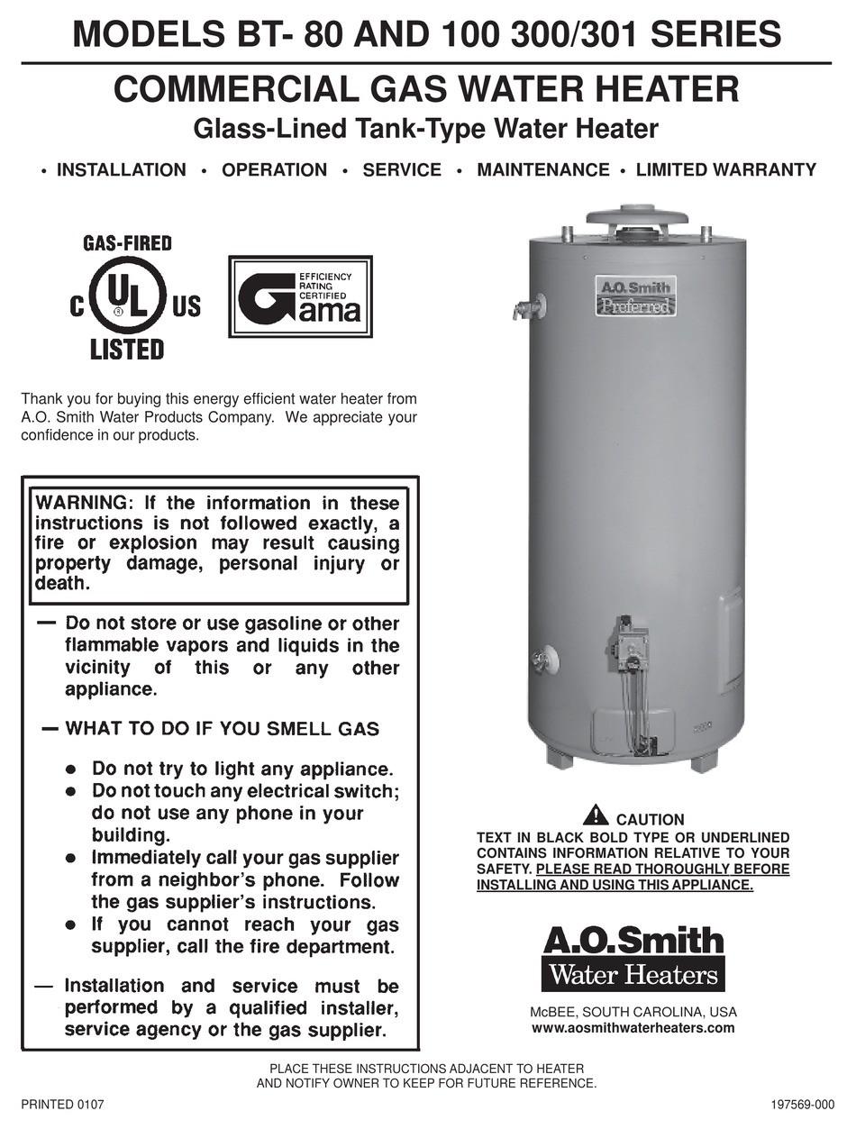 A.O. SMITH BT- 80 INSTALLATION u0026 OPERATING INSTRUCTIONS MANUAL Pdf Download  | ManualsLib