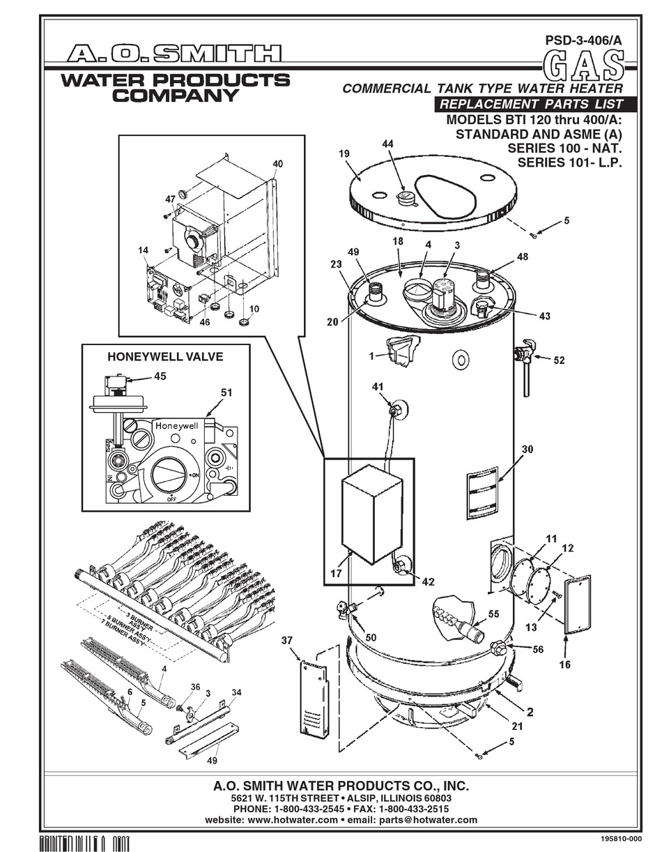 A.O. SMITH BTI 120 THRU 400/A ASME (A) REPLACEMENT PARTS LIST Pdf