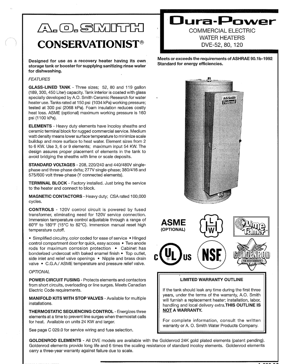A.O. SMITH DVE 120 SPECIFICATION SHEET Pdf Download ManualsLib