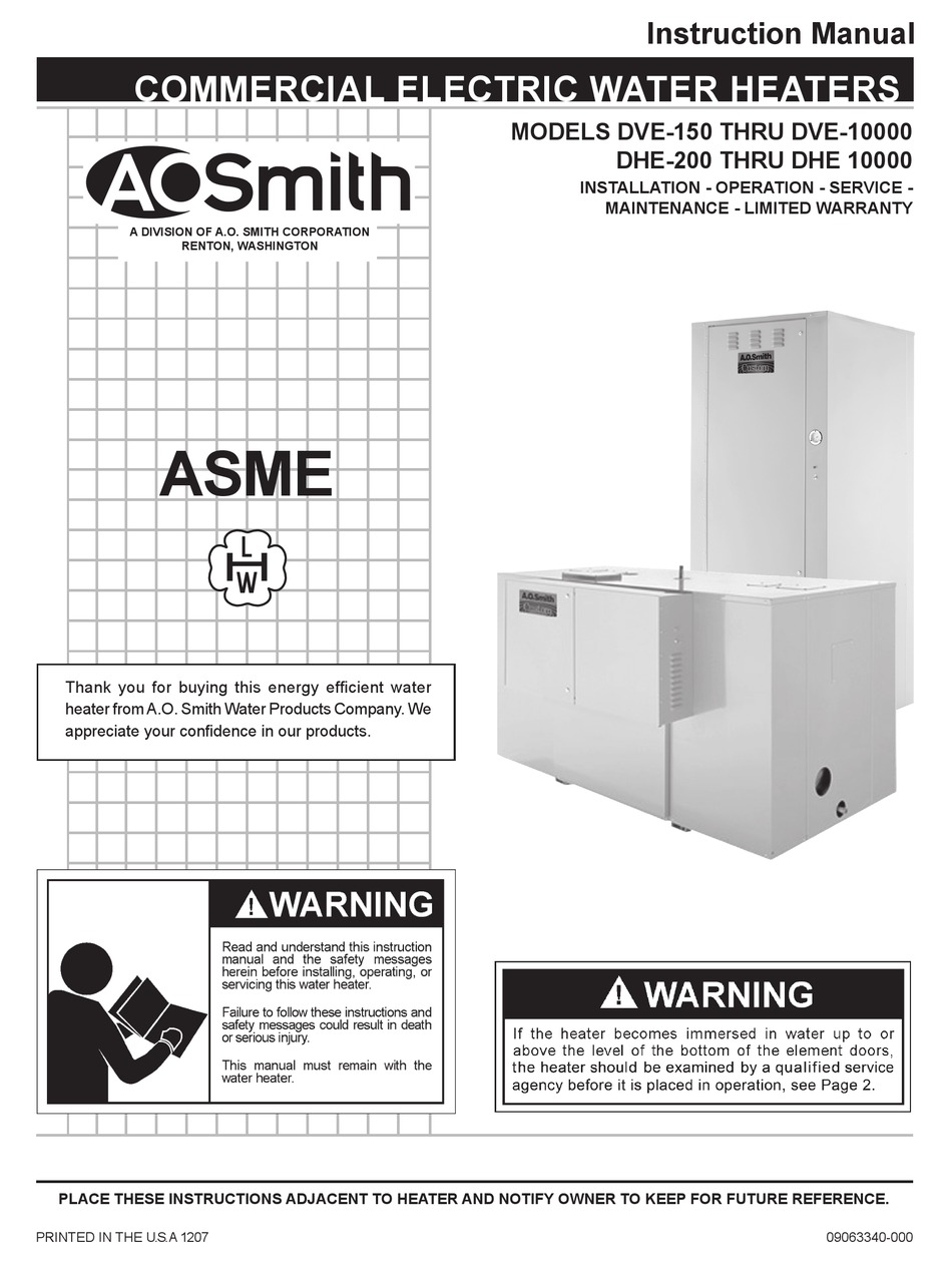 A.O. SMITH DVE-150, DHE-200 INSTALLATION AND OPERAION MANUAL Pdf Download |  ManualsLib