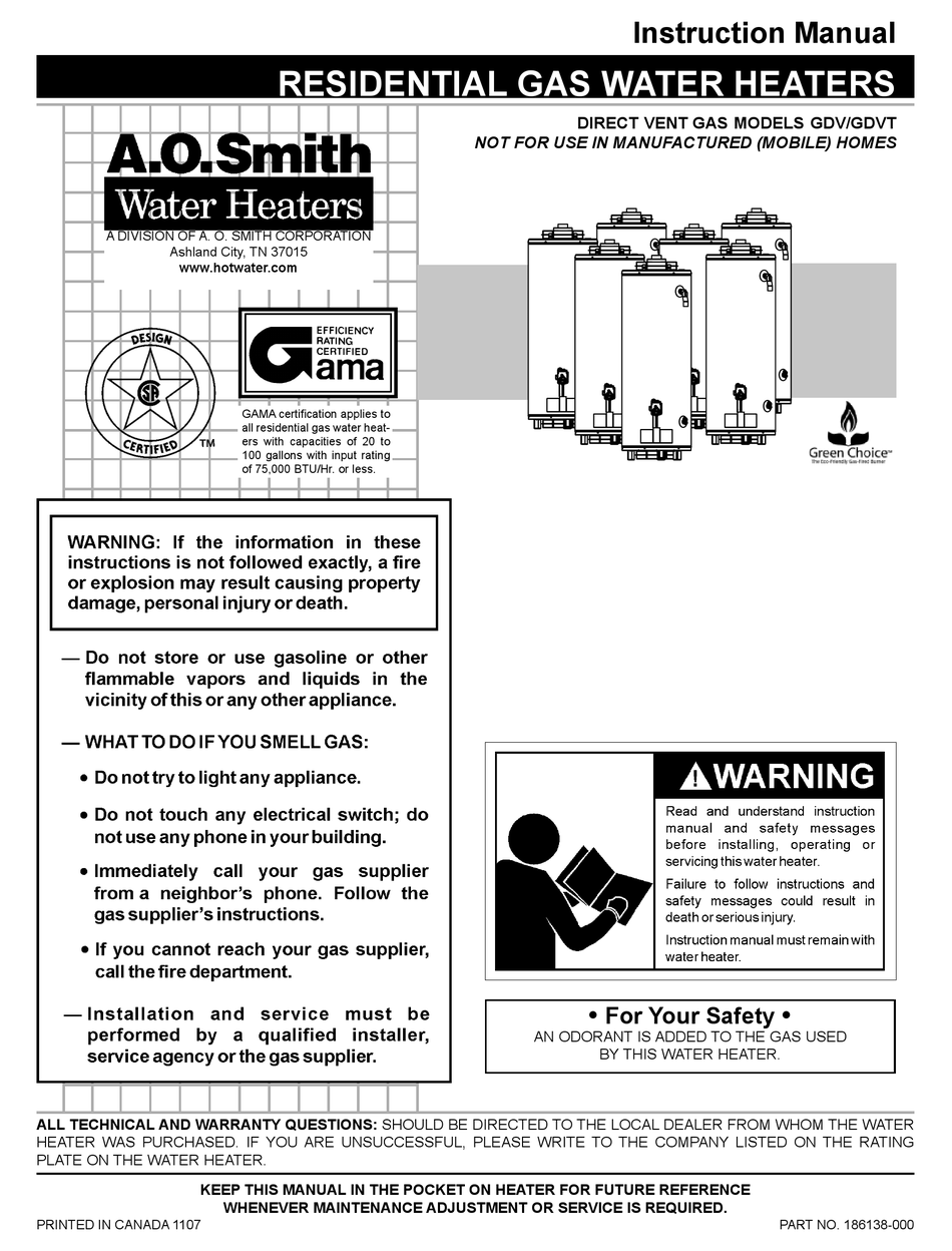 A.O. SMITH GDV INSTRUCTION MANUAL Pdf Download | ManualsLib
