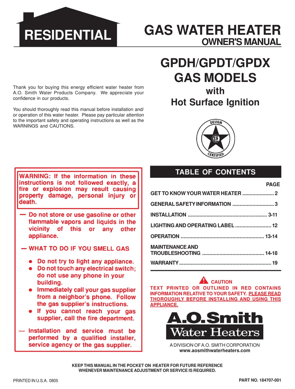 A.O. SMITH GPDH OWNER'S MANUAL Pdf Download | ManualsLib