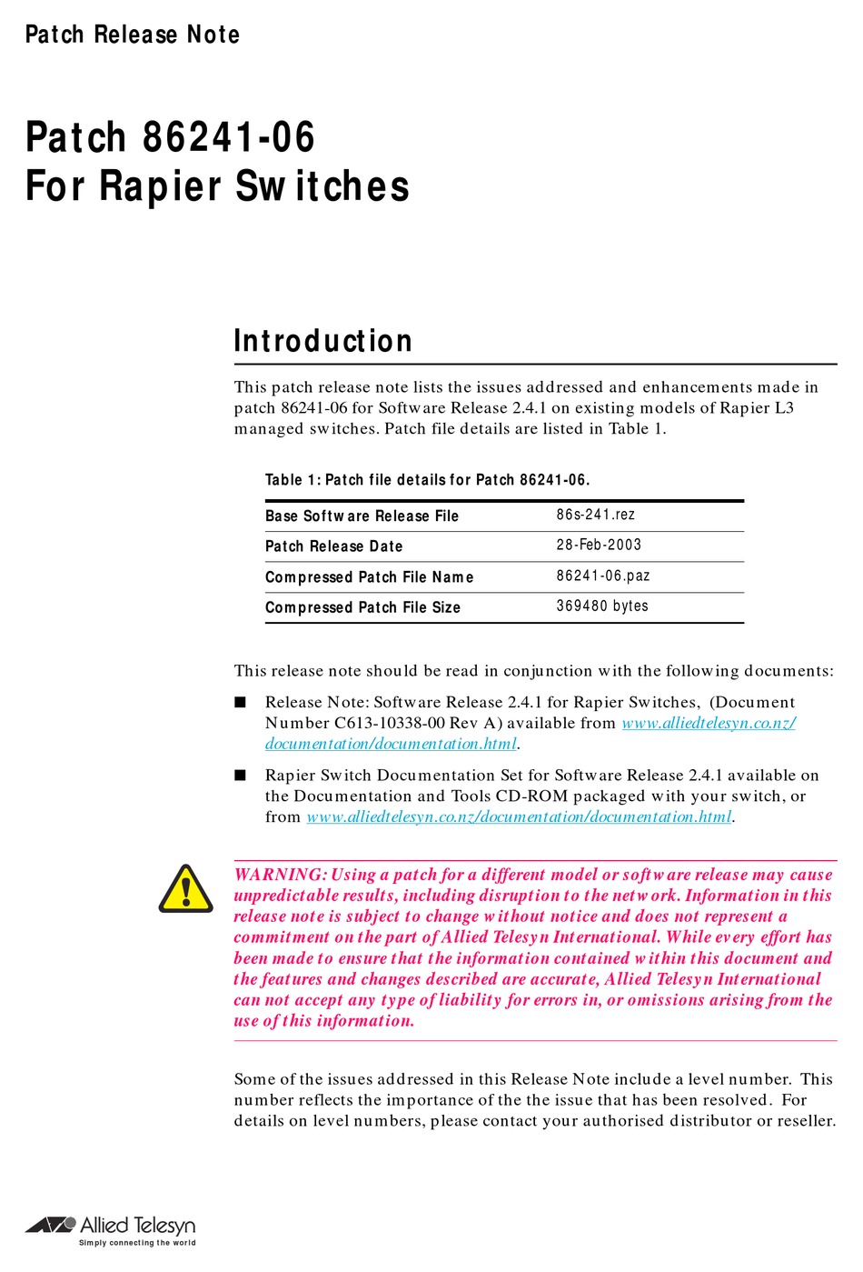 ALLIED TELESIS 86241-06 RELEASE NOTE Pdf Download | ManualsLib