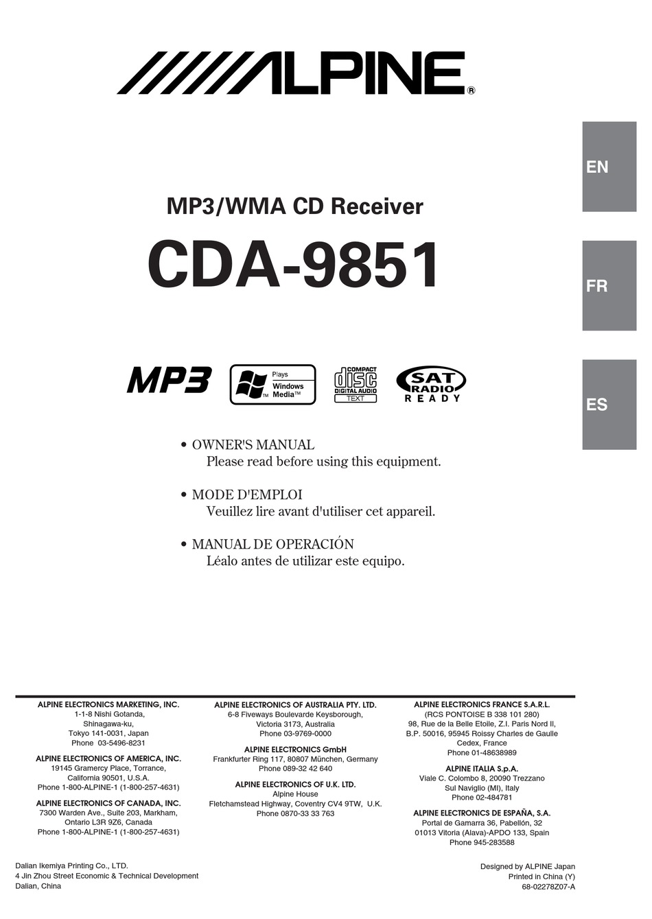 ALPINE CDA-9851 OWNER'S MANUAL Pdf Download | ManualsLib