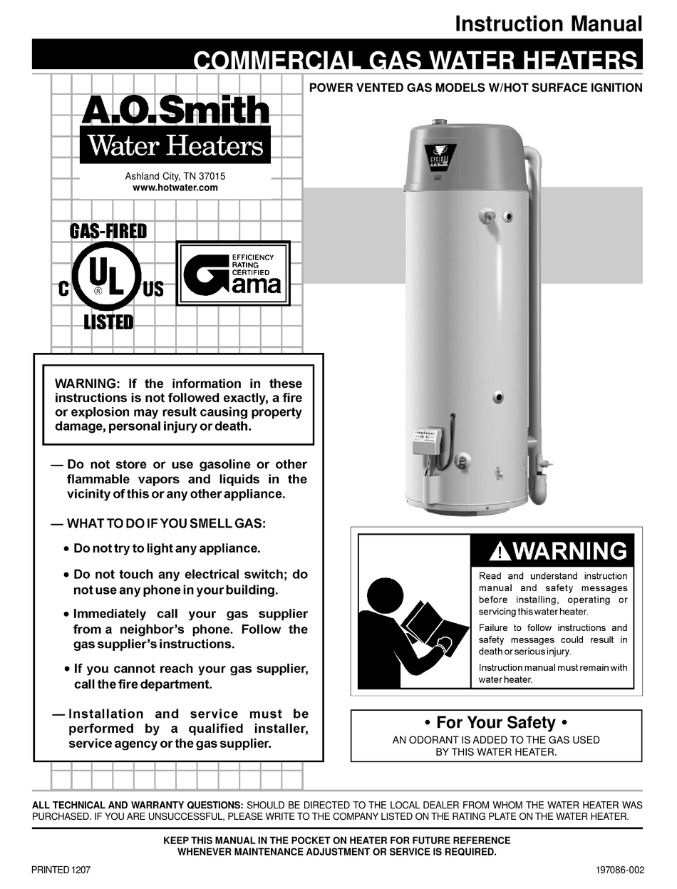 A.O. SMITH W/HOT INSTRUCTION MANUAL Pdf Download | ManualsLib