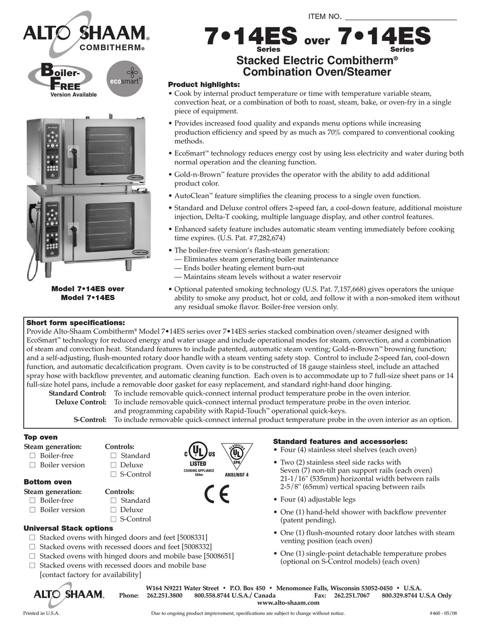 ALTOSHAAM COMBITHERM 7.14ES SERIES SPECIFICATION SHEET Pdf Download