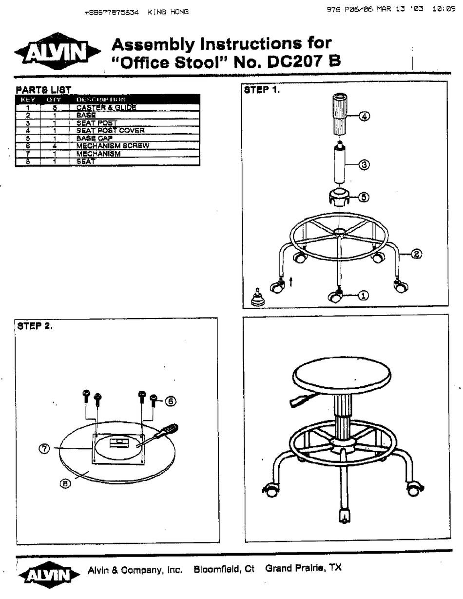 ALVIN OFFICE STOOL DC207B ASSEMBLY INSTRUCTIONS Pdf Download ManualsLib