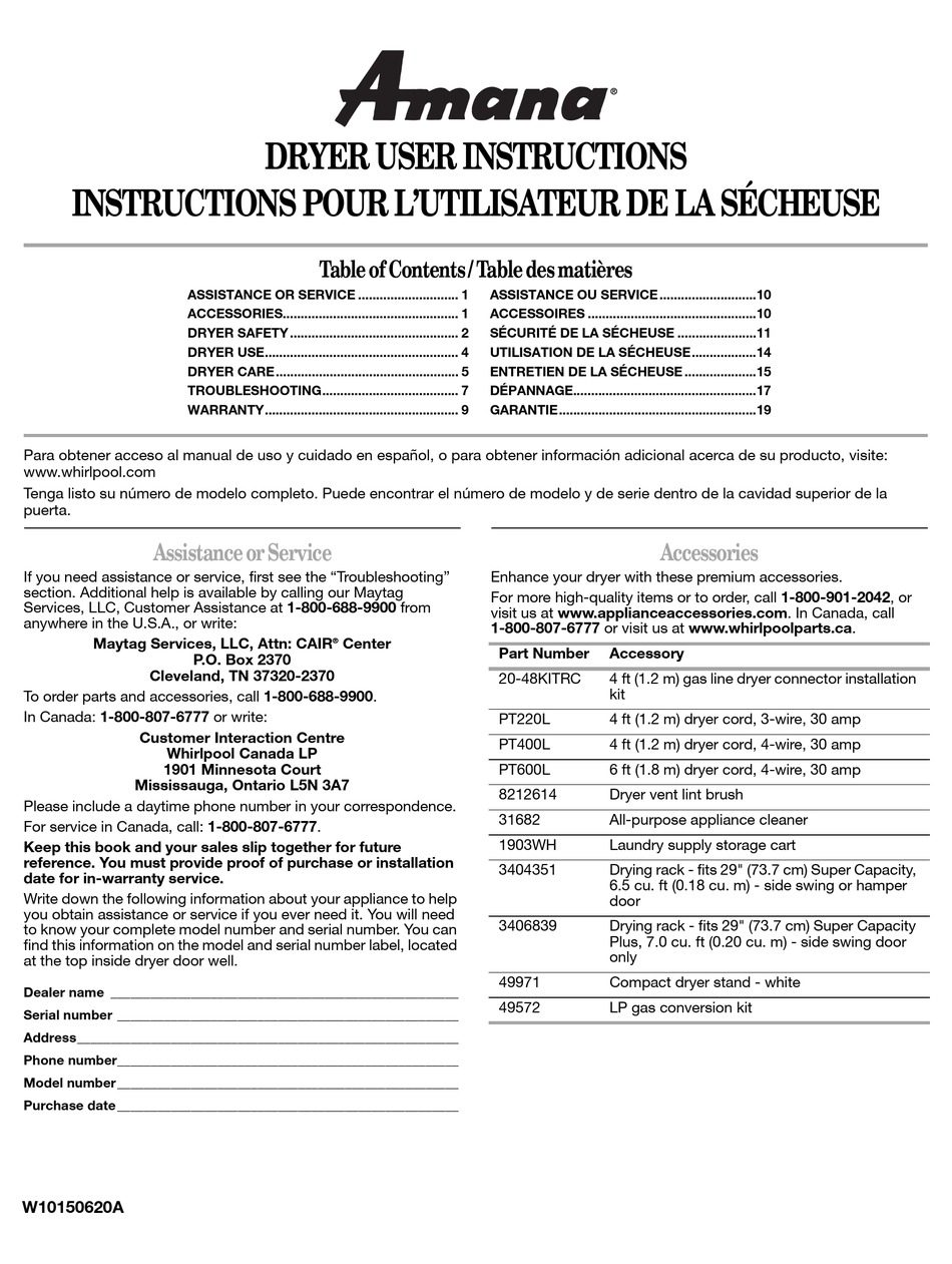 AMANA CLOTHES DRYER USER INSTRUCTIONS Pdf Download | ManualsLib