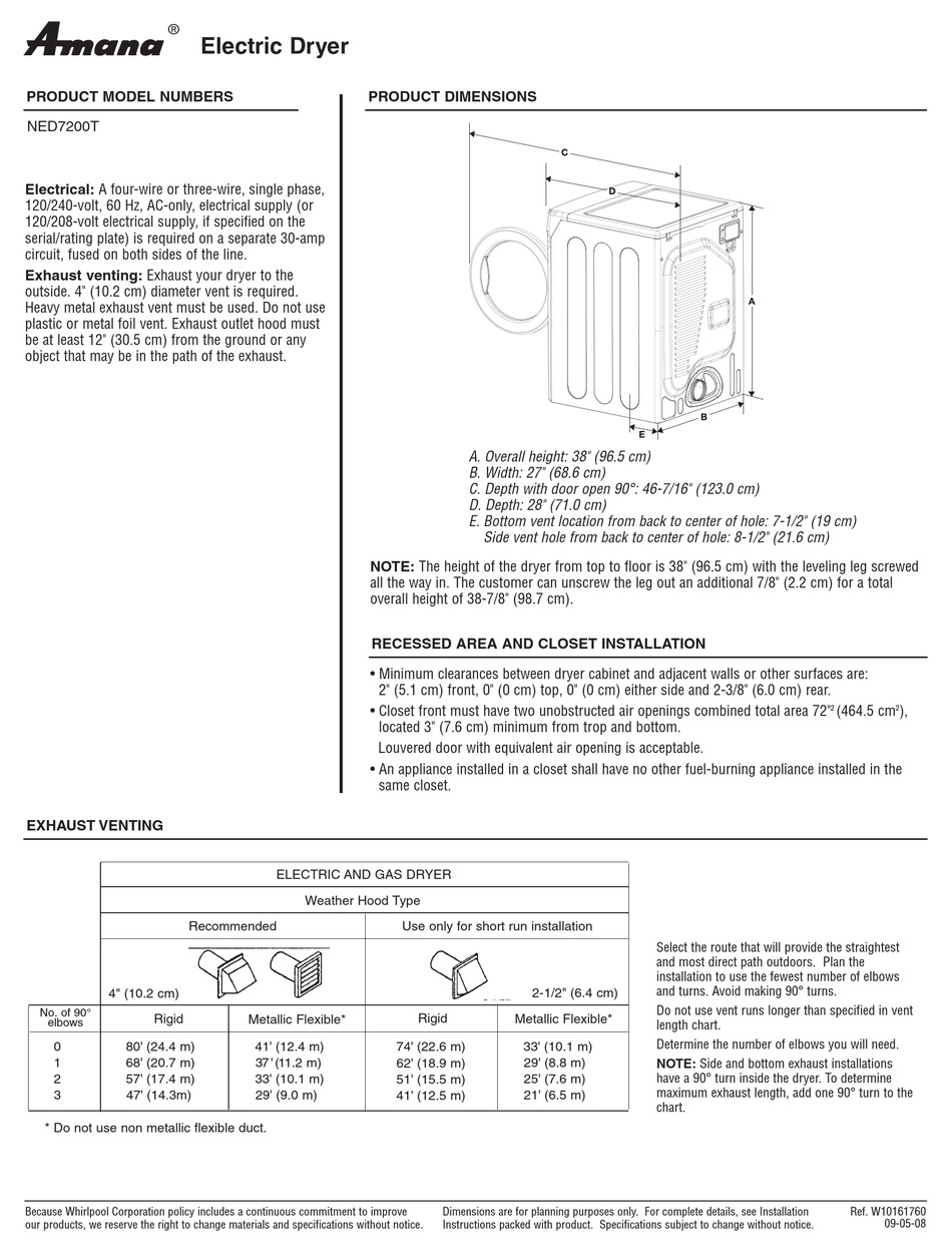 Amana Ned7200t Specification Sheet Pdf Download Manualslib