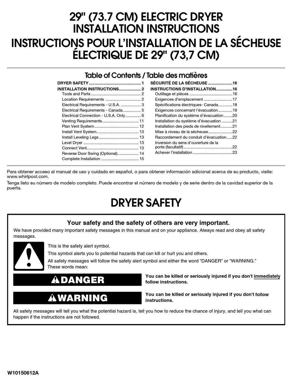 WHIRLPOOL W10150612A INSTALLATION INSTRUCTIONS MANUAL Pdf Download