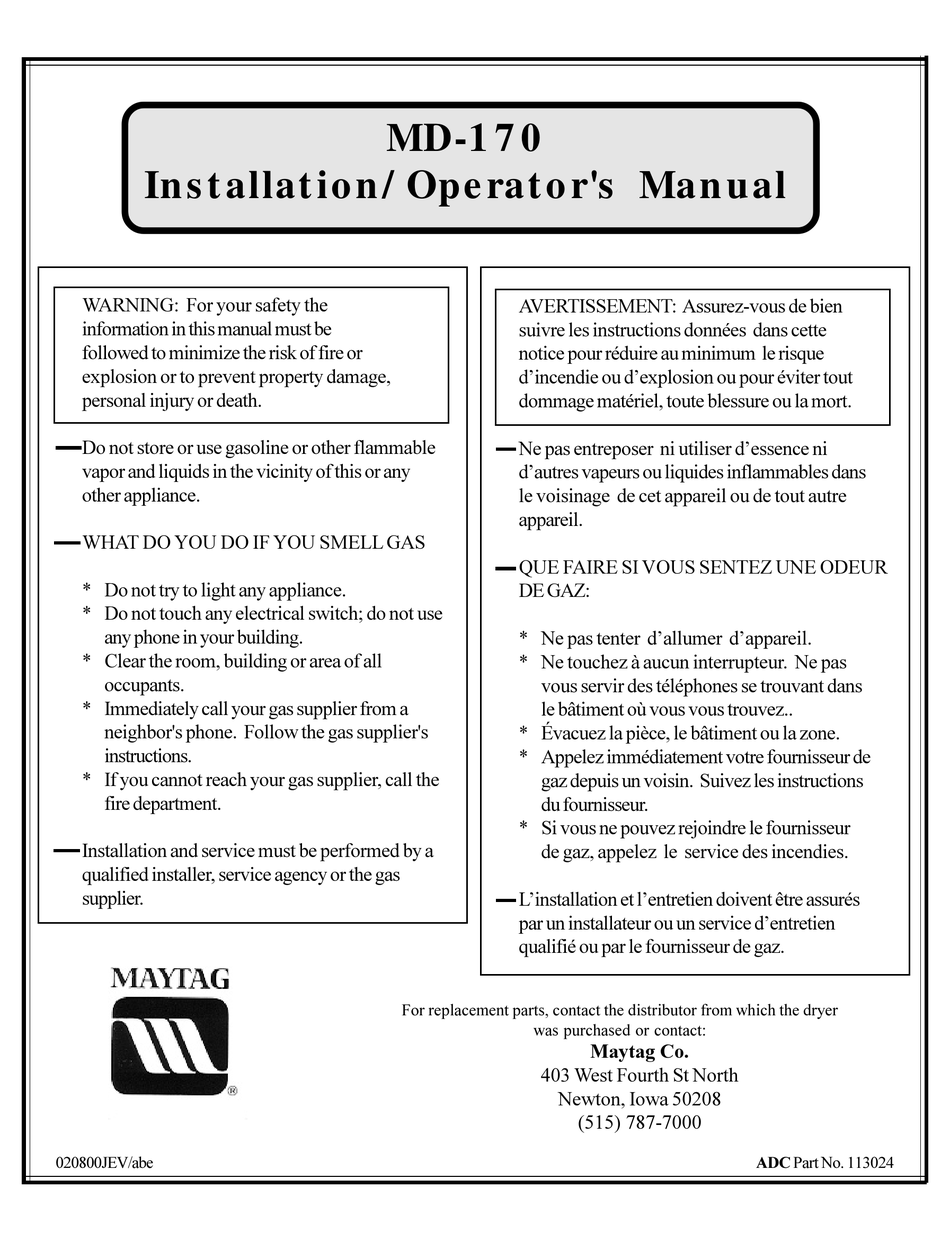 MAYTAG MD-170 INSTALLATION & OPERATOR'S MANUAL Pdf Download | ManualsLib